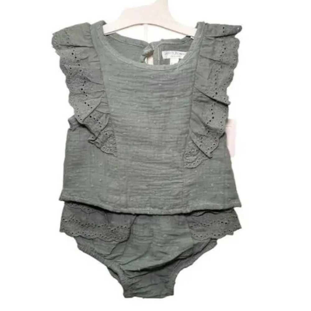 NEW Choose Sz Baby Girls Green Ruffled Eyelet Shirt & Bloomers 2 Pc Set GRAYSON